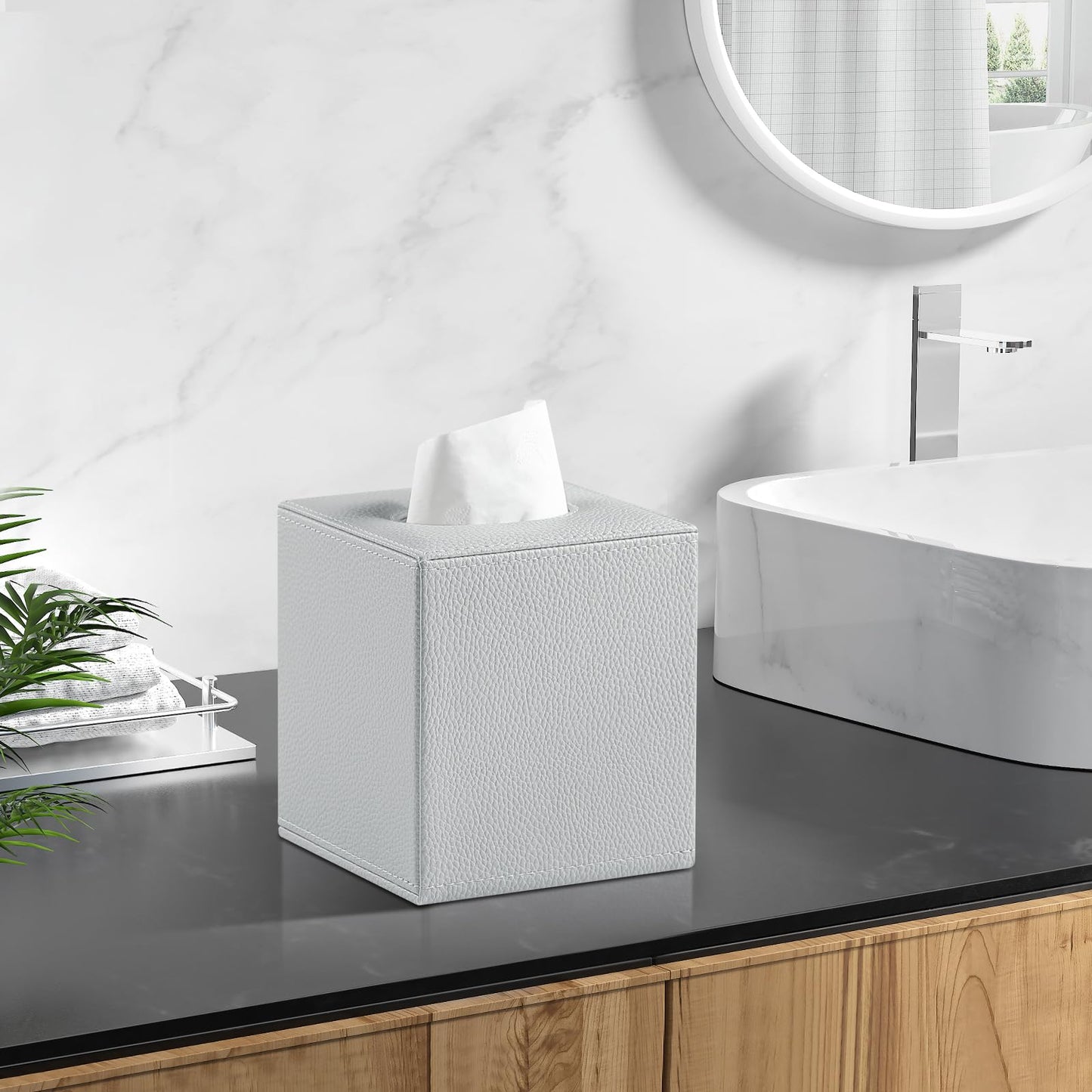 JLAMBOM PU Leather Tissue Box Cover Square Tissue Box Holder with Magnetic Closure, Decorative Tissue Holder for Bathroom Bedroom Office (Grey)