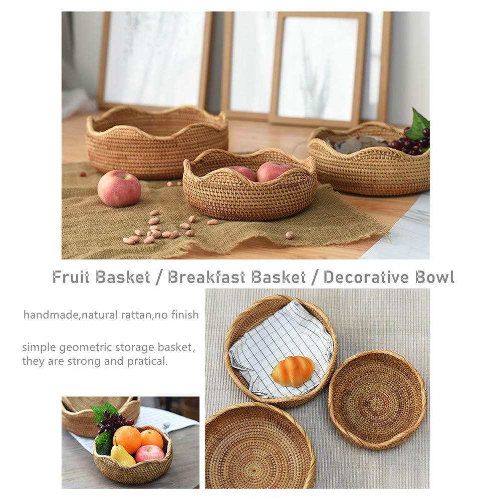 AMOLOLO Handmade Rattan Round Fruit Basket Food Storage Bowls Kitchen Organizer Snack Serving Bowl, 11 Inch Boho Wicker Bread Bowl Woven Basket Décor for Nuts with 3”Side and Wavy Edge (Large 11")