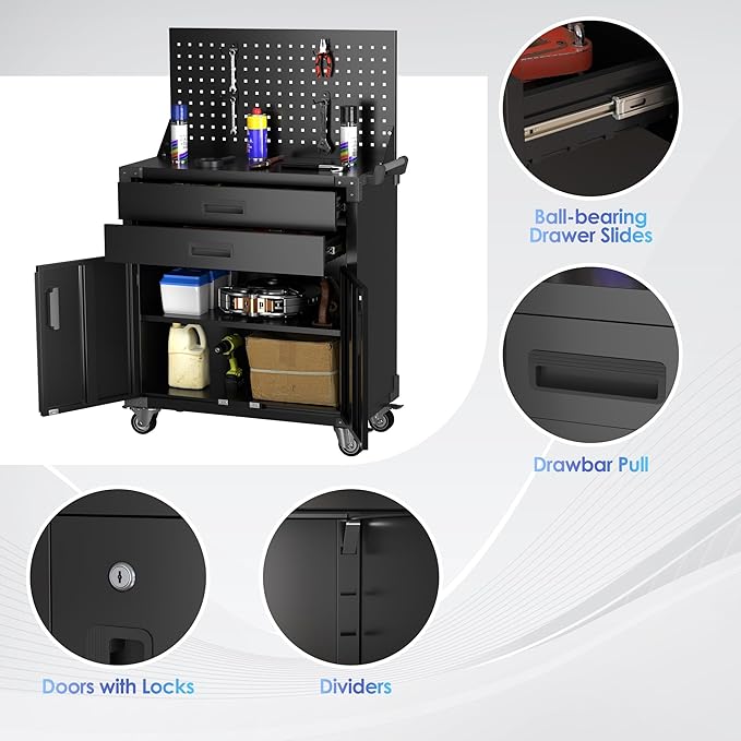 SUXXAN Black Tool Cart with Pegboard and 4 Hooks, Garage Storage Cabinet on