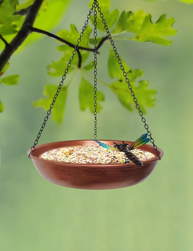 Hanging Birdbath Bird Feeder for Outdoor 11” Antique Copper Cute Small Metal Bird Bath Bowl with Detachable Black Chain Metal Dragonfly for Garden Backyard Decor