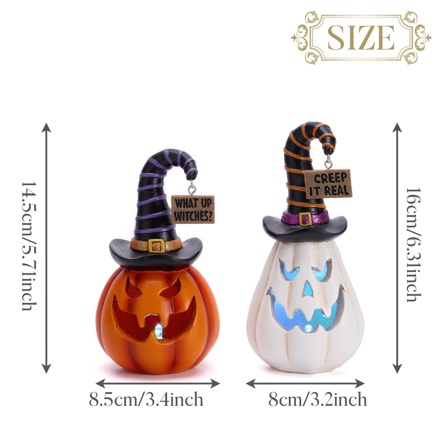 Valery Madelyn Pumpkin Halloween Decorations Indoor for Home, 2Pcs Resin Halloween Figurines with Light, White and Orange Jack o Lantern Decor with Witch Hat for Table Tiered Tray, 6.5" Tall