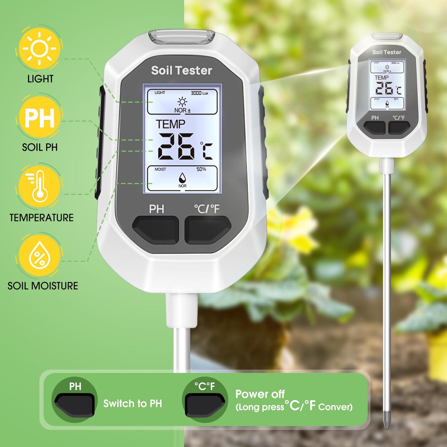 YAMRON 4-in-1 Soil Moisture Meter, Digital Plant Temperature/Soil Moisture Test & PH Meter/Sunlight Intensity, Backlight LCD Display for Gardening, Farming and Outdoor Plants