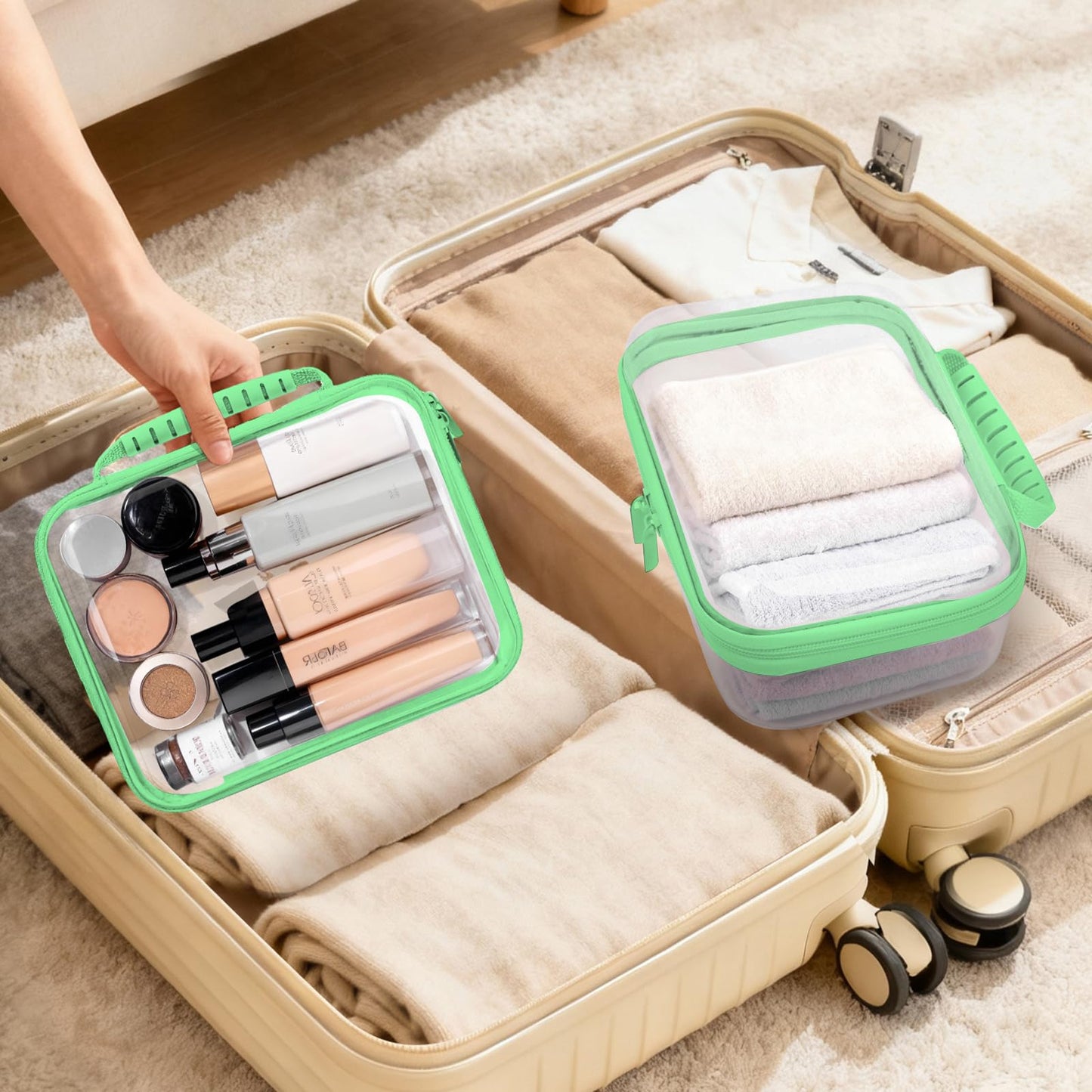 JeeVoya 3 PCS Clear Zipper Pouches with Handle, Diaper Bag Organizer, Clear Makeup Bags Hardshell Toy Storage Bins with Zipper Toiletry Pouch Bag for Cosmetics Pencils Puzzles, Building Blocks(Green)