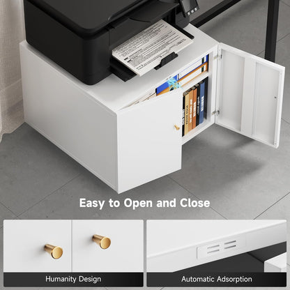 Warmiehomy Metal Printer Stand, 24x24x18'' Printer Cabinet with Storage, Mobile Printer Table with Wheels, Desk for Small Spaces with Door, Adjustable File Cabinet for Home Office (White)