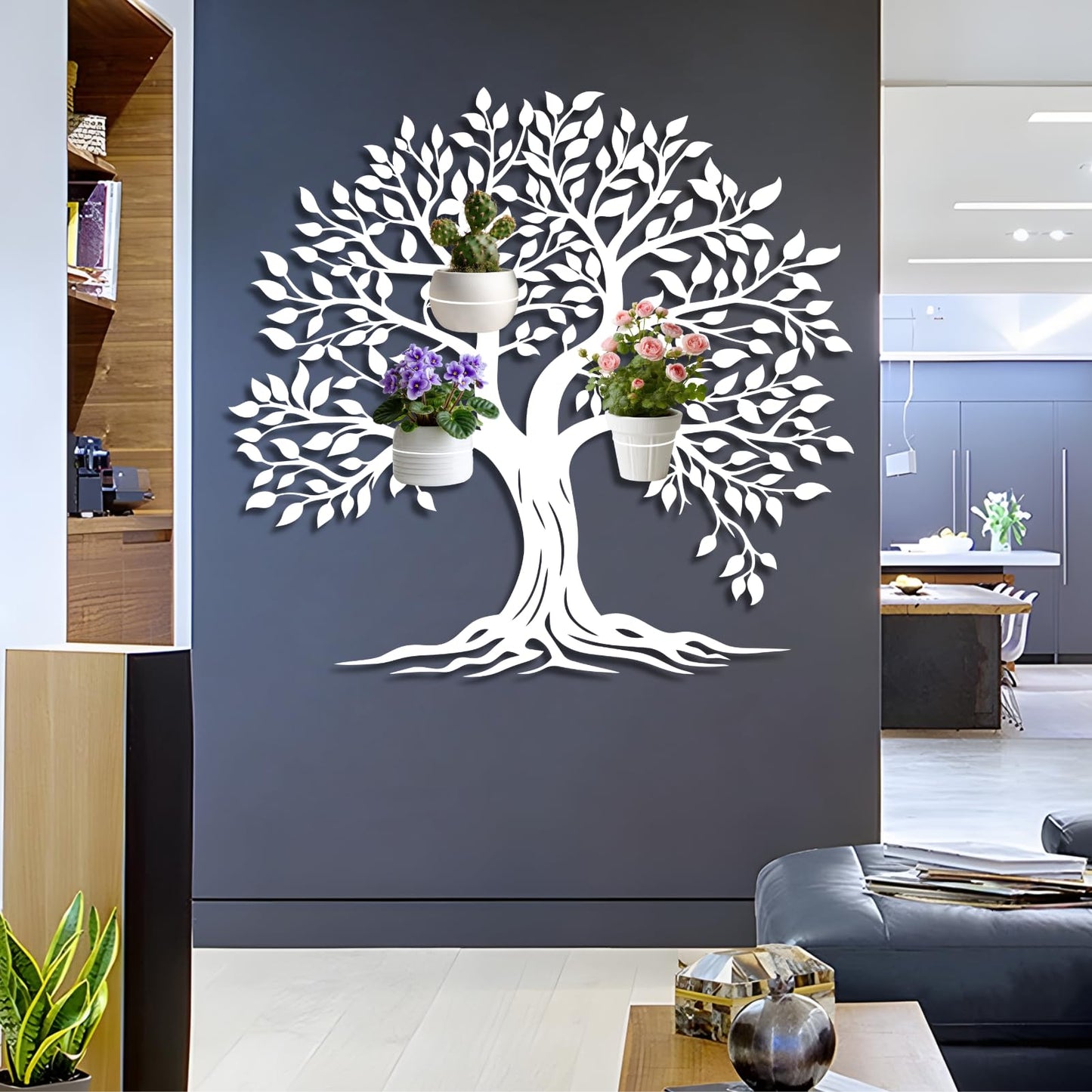 Tree of Life Metal Wall Mounted Plant Holder, Tree Wall Plant Holders Indoor Stand, Metal Hanging Plants Shelf for Living Room, Entryway (Black, 31"x 29"| 80x75cm, 3 Pack 6" Flower Pot Holder Ring)