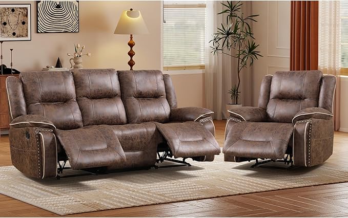 EBELLO Faux Leather Manual Recliner Sofa Set, 1 Seat Reclining Chair and a 3