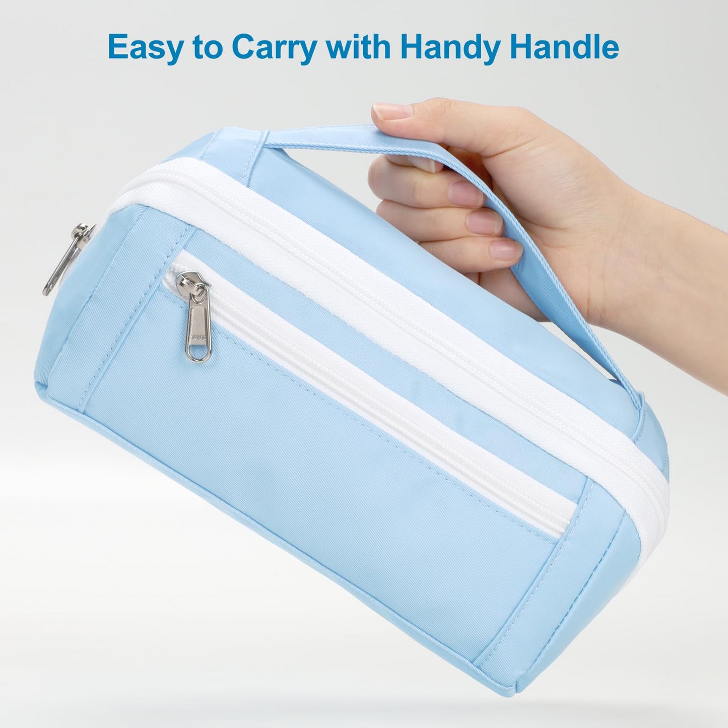 BrainyBees Large Capacity Pencil Case - Pencil Pouch for Teen Girls & Boys, Aesthetic Pouch Organizer with 8 Compartments, Wide Opening Marker Bag for Middle High School College, Fits Calculator, Blue