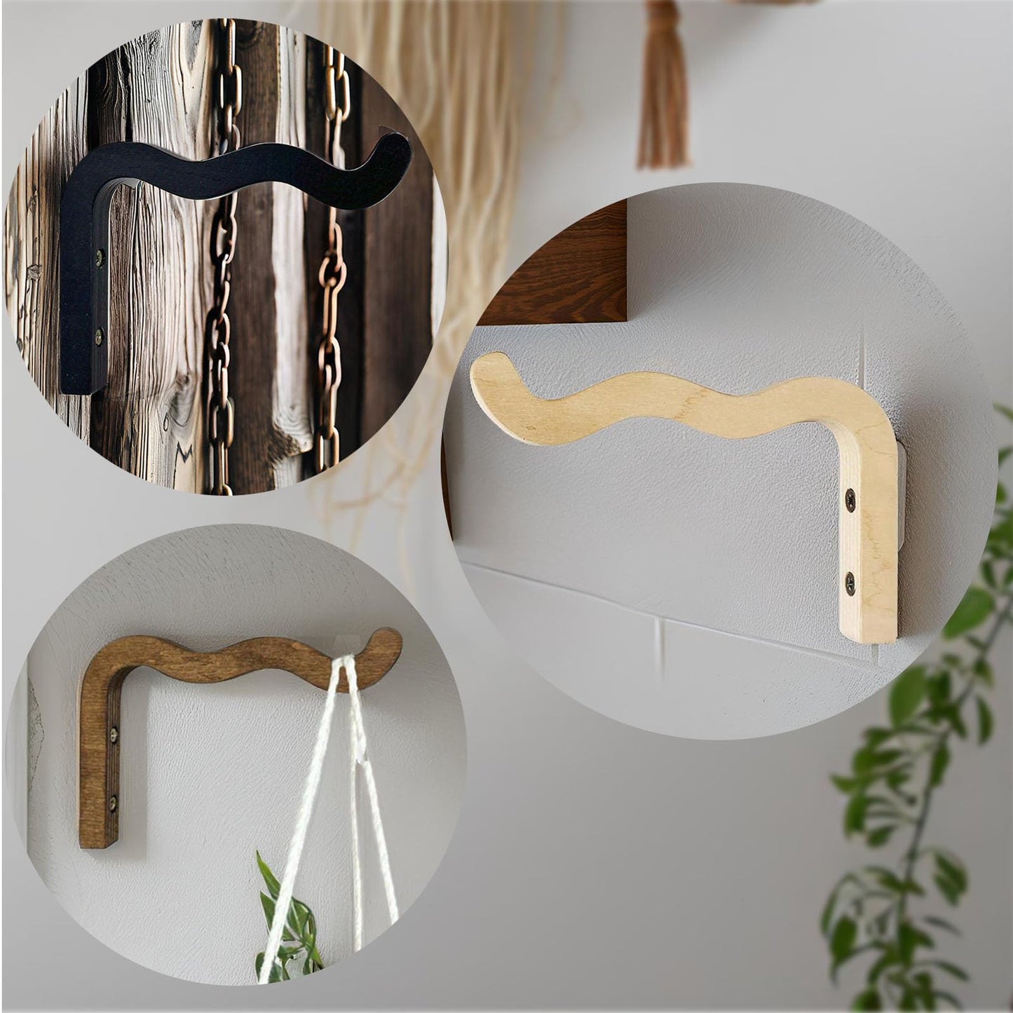 Tritaraesa Wooden Wall Planters, Hanging Plant Hooks for Indoors, Wave-Shaped Wooden Hanging Baskets for Wall Plant Hooks Heavy Duty for Flower Pots Wind Chimes and Bird Feeders (Walnut,2 Pack)