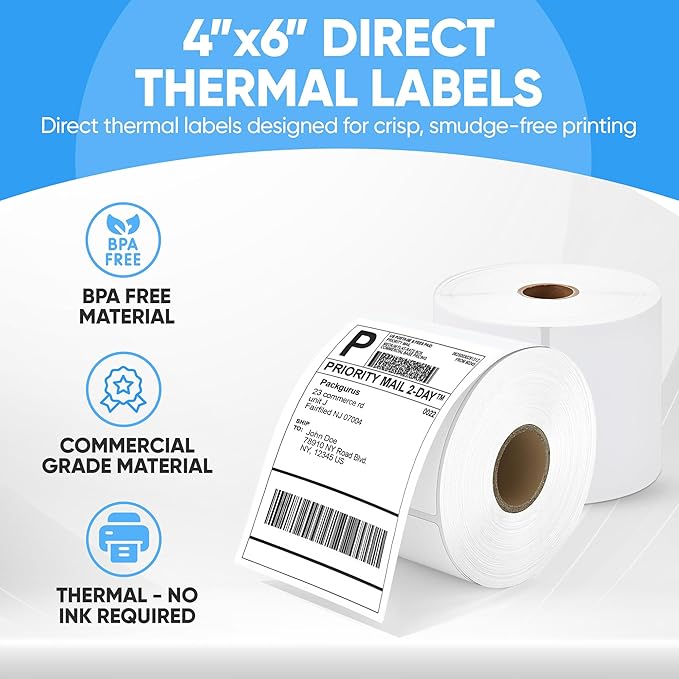 PackGurus 4"x6" Direct Thermal Label Roll, Shipping Labels with Perforated, Commercial Grade for Thermal Printer, 500 Labels/Roll, 4 Rolls (2,000 Labels Total)