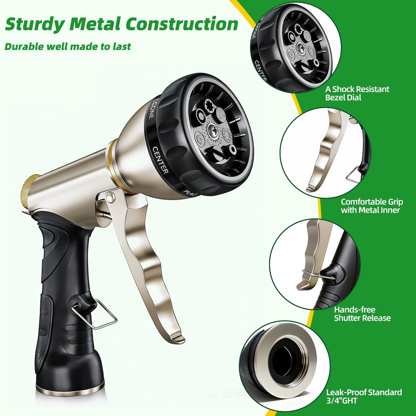 ARXIVE Garden Hose Nozzle,Heavy Duty High Pressure Hand Sprayer,100% Metal Water Hose Sprayer Nozzle with 7 Spray Patterns for Watering Garden,Lawns,Car Washing and Pet Washing