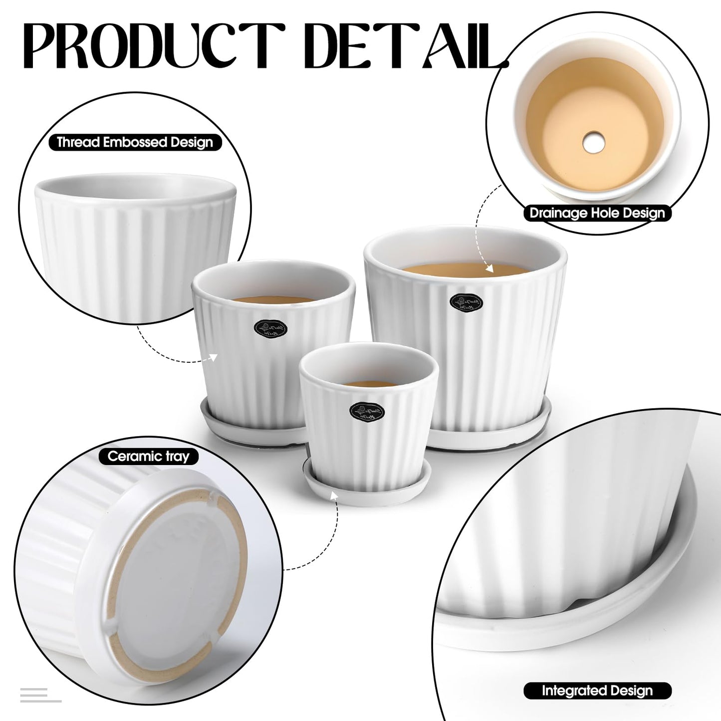 Acellegic 3 Pcs Ceramic Plant Pots 7.3/6/4.7 Inch Ceramic Flower Pot with Drainage Hole and Saucer Decorative Planter Indoor Outdoor for Gardening Home Desktop Office Windowsill Decoration Gift(White)
