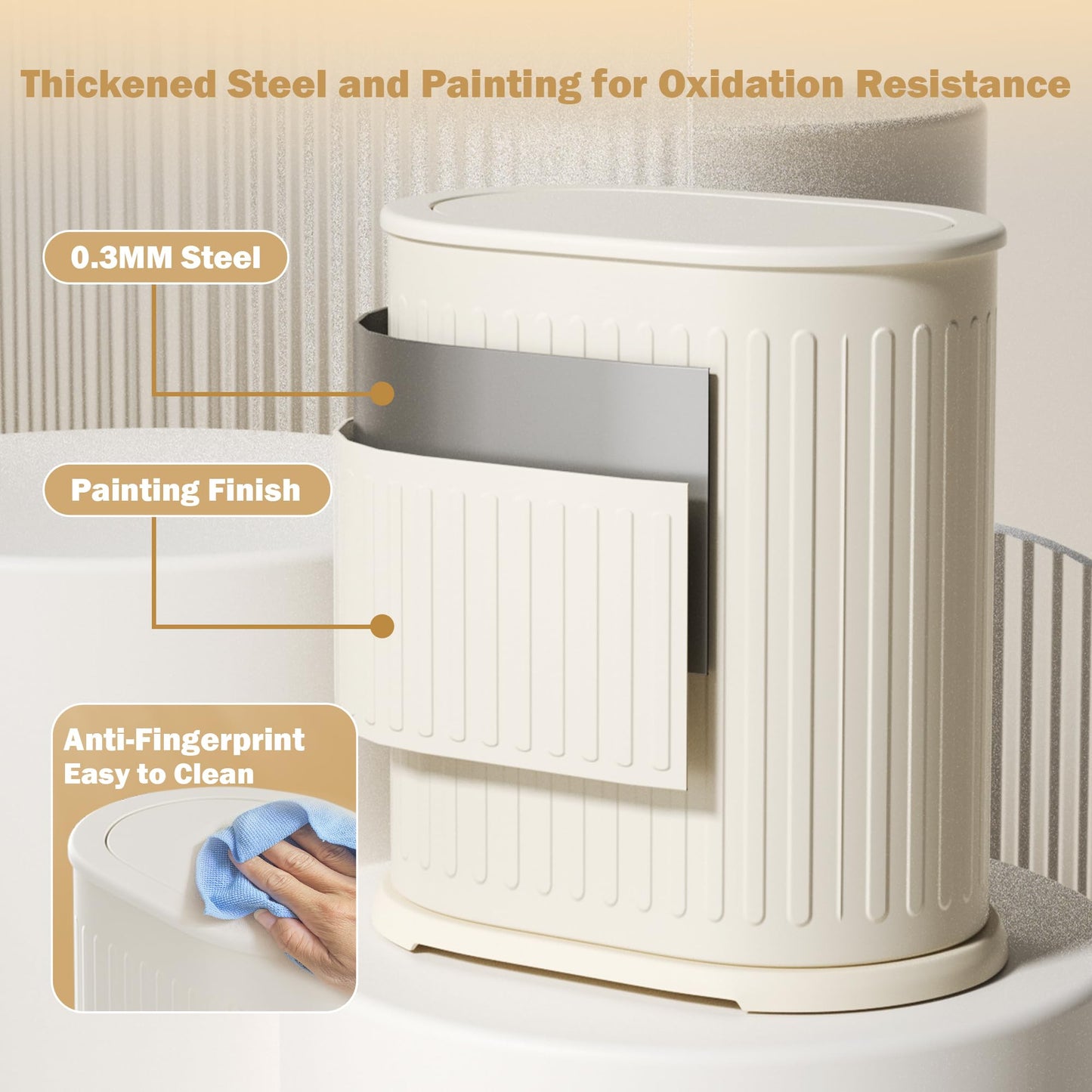 Steel Small Bathroom Trash Can with Lid Press Top 9L/2.4 Gallon Dog Proof Wastebasket with Removable Liner Bucket,Slim Bathroom Garbage Can Bin Under Desk/Sink Bedroom,Living Room,Office,Diaper