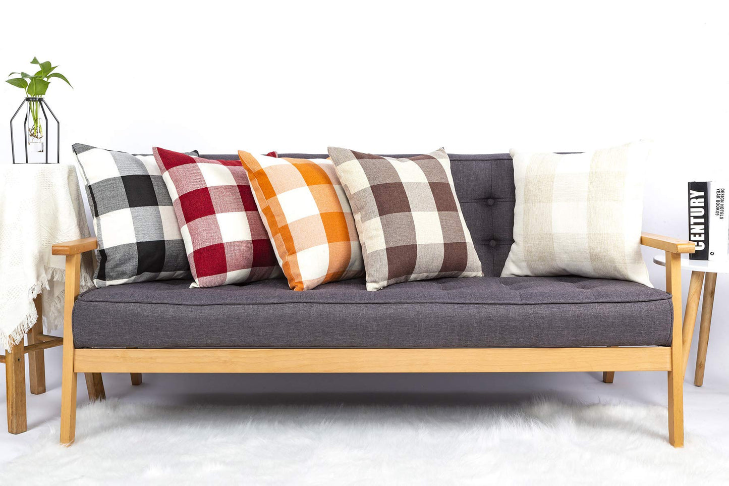 4TH Emotion Set of 2 Farmhouse Buffalo Check Plaid Throw Pillow Covers Cushion Case Polyester Linen for Fall Home Decor Black and White, 18 x 18 Inches