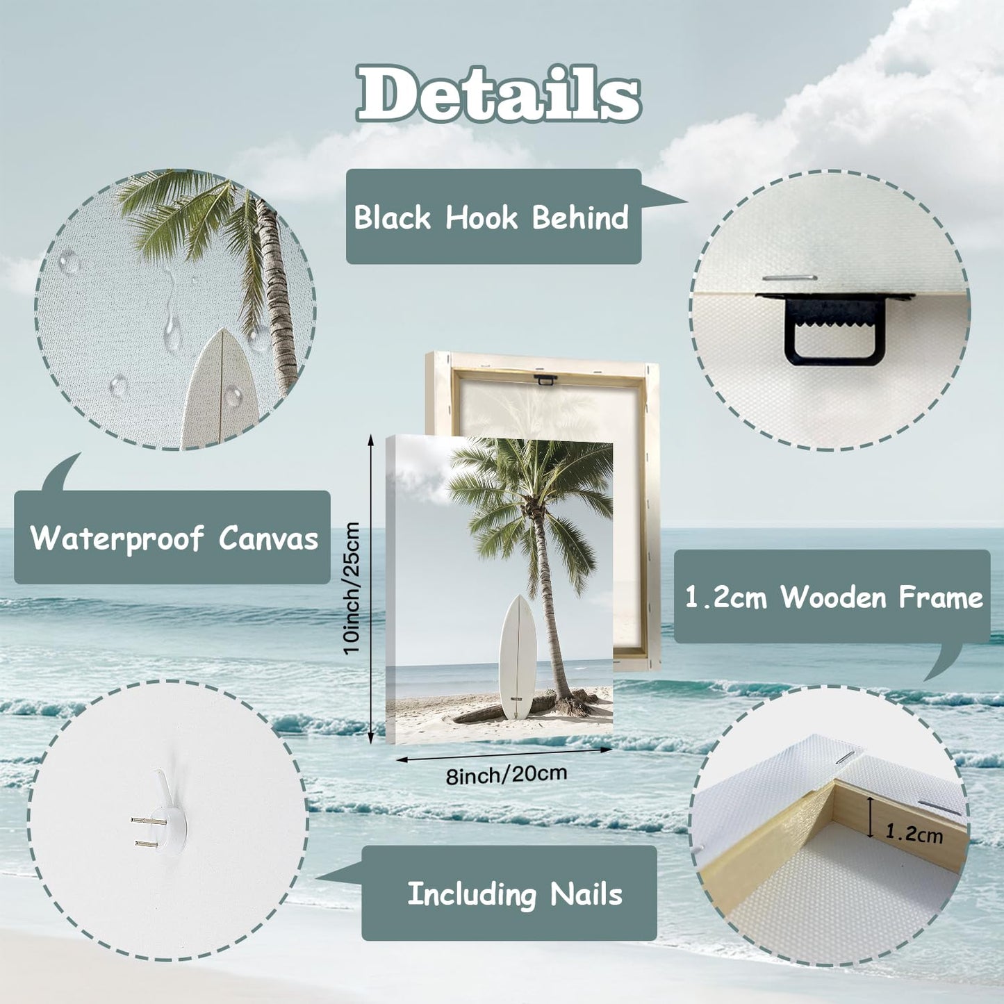 CHDITB Beach Canvas Wall Art, Coastal Palm Tree Surfboard Wall Decor, Ocean Wave Seagull Artwork, Minimalist Surfing Pictures, Tropical Beach Prints for Bathroom Living Room seaside Bedroom 8”x10”x6