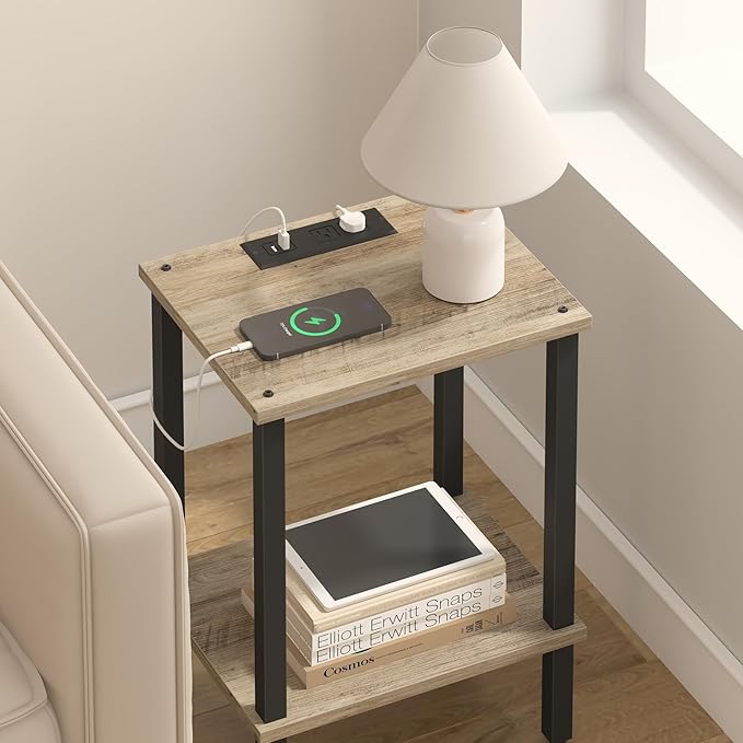 TUTOTAK End Table with Charging Station, Small Side Table, Nightstand Bedside