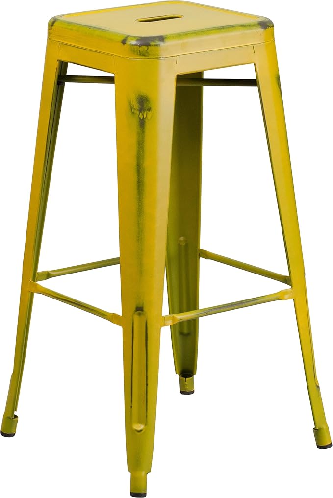 Flash Furniture Kai Commercial Grade 30" High Backless Distressed Yellow Metal