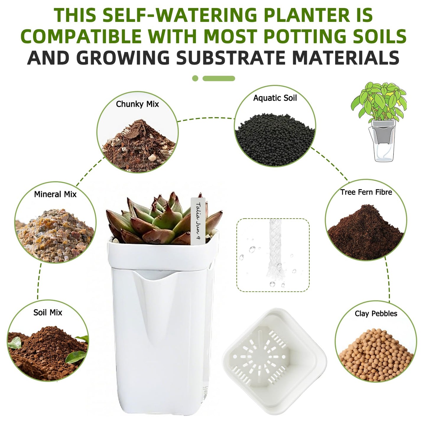 2.5" Small Self Watering Pots for Indoor Plants, 16 Pack Mini White Plastic Planters with Drainage Holes, Semi Hydroponic, Propagation, Cuttings, Seedlings, African Violets, 16 Plant Labels and Wicks