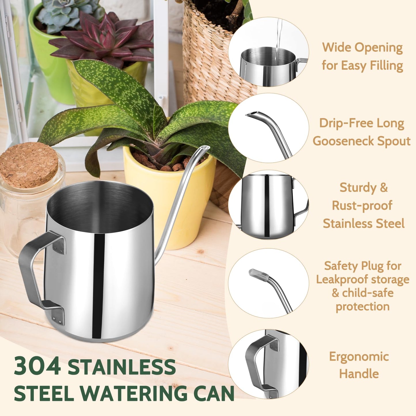 Small Watering Can Indoor Plants - 12 oz Mini Metal Watering Can with Long Spout Rust-Proof Stainless Steel Tiny Watering Pot for Small Indoor Plants Home & Office