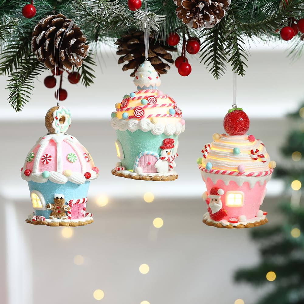 Christmas Pastel Gingerbread House Ornaments Decorations,3pcs Soft Clay Pastel Pink Blue Green Small Candy House With Light Christmas Ornaments for Christmas Tree Hanging Pendants Xmas Tree Decoration