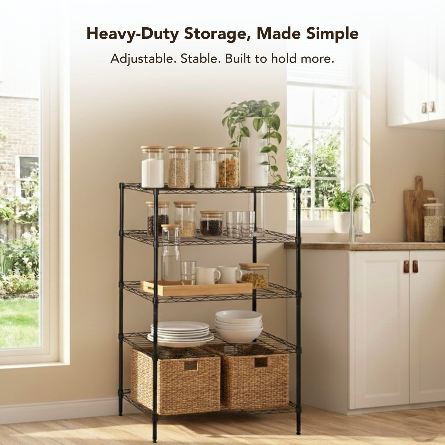 Displays By Jack 4 Tier Wire Shelving Unit Storage Rack, Metal Heavy Duty Utility Organization Units for Products Plant Standing Shelf, Pantry, Garage, Shelf Stand, Black, 14" W x 30" L X 48" H