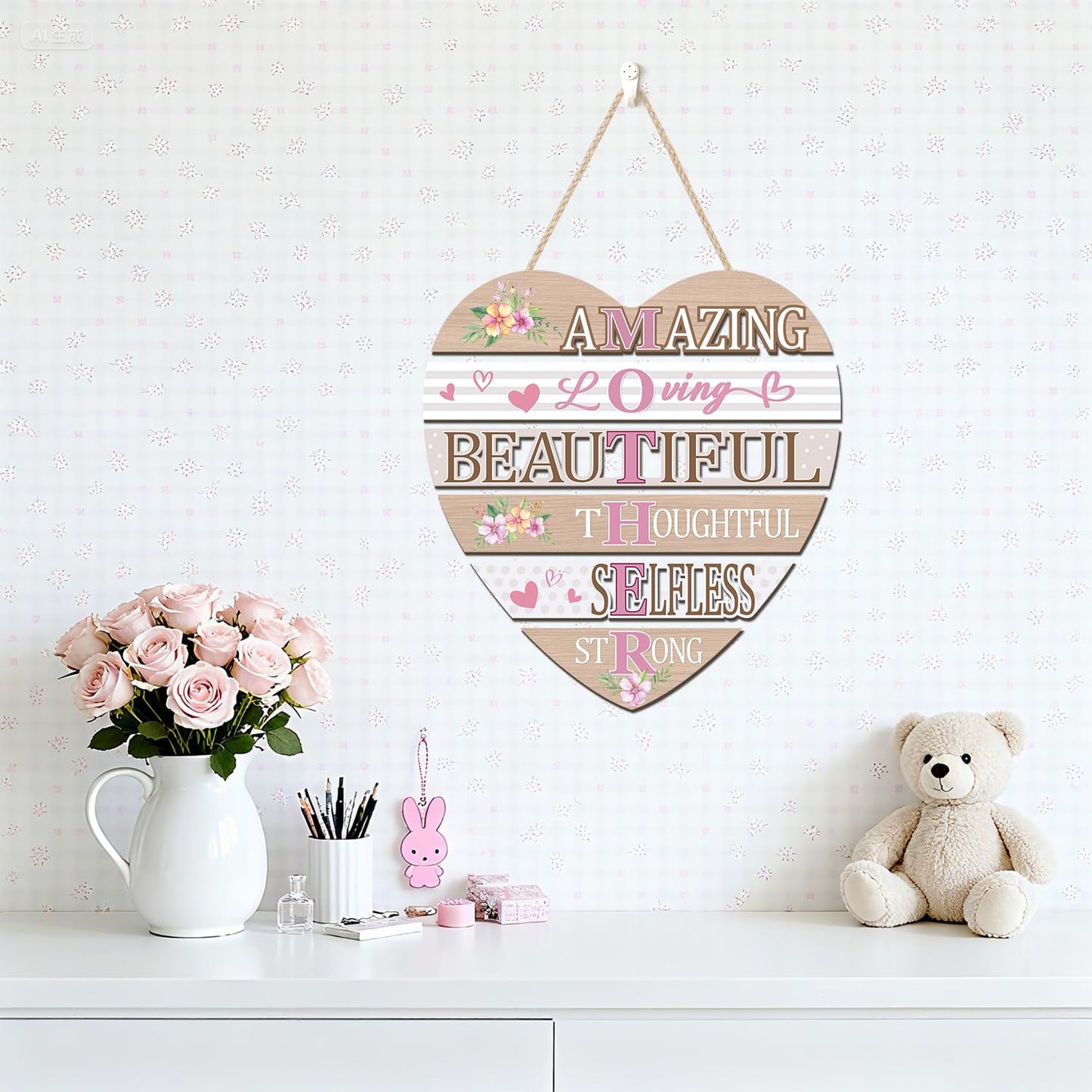 HOURIA Inspirational Mothers Day Decorations (12.2”x11), Heart-Shaped Amazing Mother's Day Wooden Sign for Front Door Wreath Home, Mom Birthday Gifts from Daughter Son