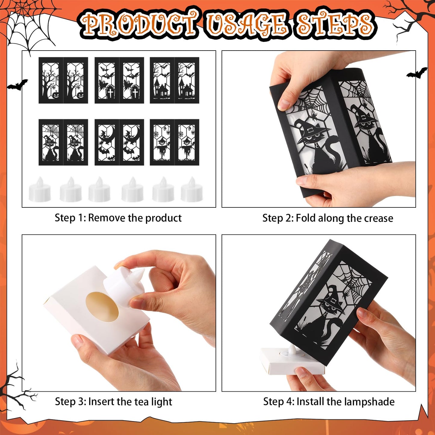 Riakrum 6 Pcs Halloween Table Decorations Table Centerpieces Boxes with Battery Operated Candle Holders Ghost Spiders Bat Silhouette Sketch Paper Lantern Boxes for Movie Night Party (Yellow Light)