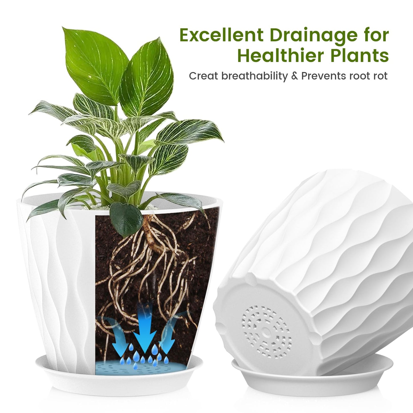UOUZ 8 Inch Plant Pots, 4 Pack Plastic Planters for Indoor Outdoor with Drainage Holes & Saucers, Waffle Texture Flower Pots for Indoor Plants, Indoor Plant Pots for Monstera, Fiddle Leaf Fig, White