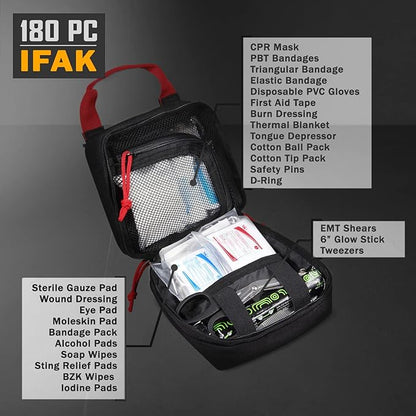 Everlit 180 Pieces Tactical First Aid Kit IFAK Molle EMT Pouch Outdoor Camping Emergency Kits for for Camping Boat Hunting Hiking Home Car Earthquake and Adventures Black