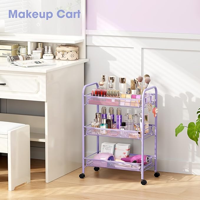 TOOLF 3-Tier Metal Rolling Cart, Mesh Wire Easy Assemble Utility Cart, Storage