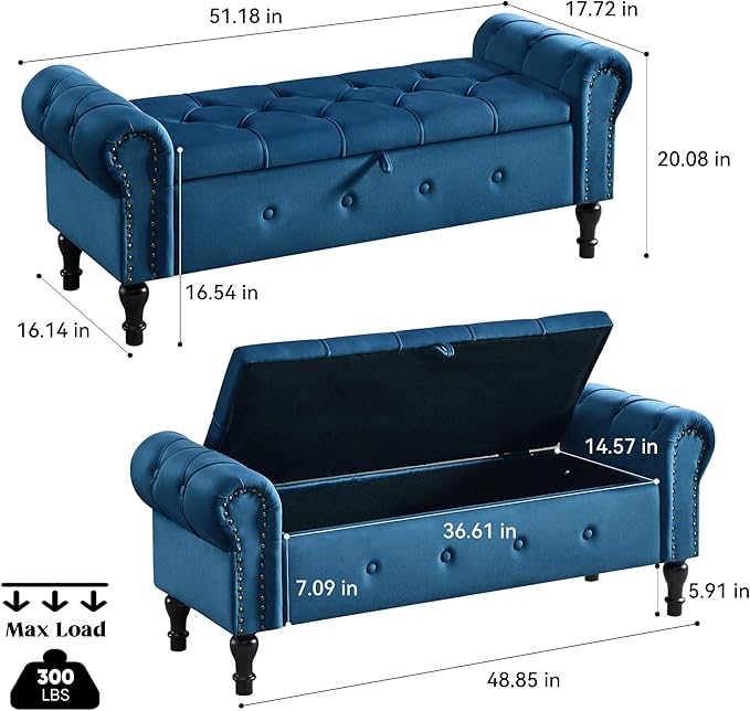 Storage Bench for Bedroom, Velvet 51" End of Bed Bench, Queen Size Bench