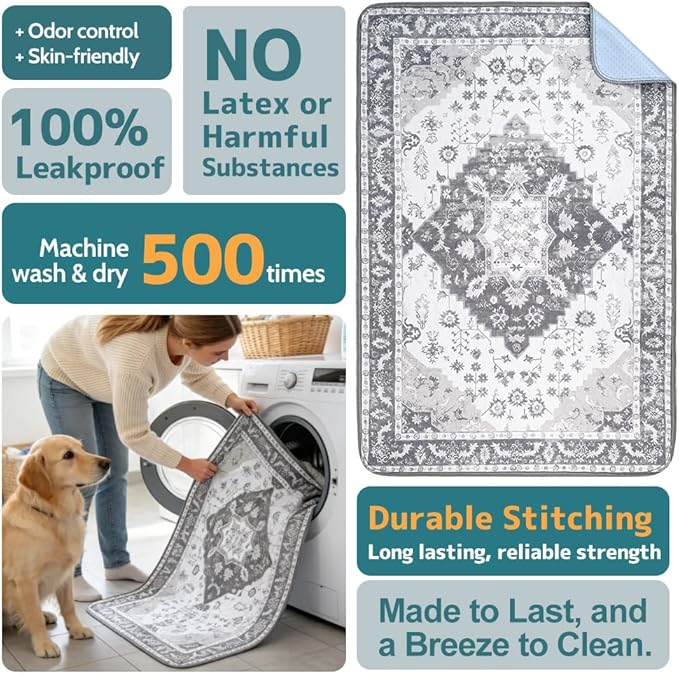 Washable Pee Pads for Dogs, 2 Pack Reusable Puppy Training Pads 48"x32" Super Absorbent Waterproof Dog Training Pads, Non-Slip Potty Pads, Whelping Pads Litter Mat Light Grey Medallion