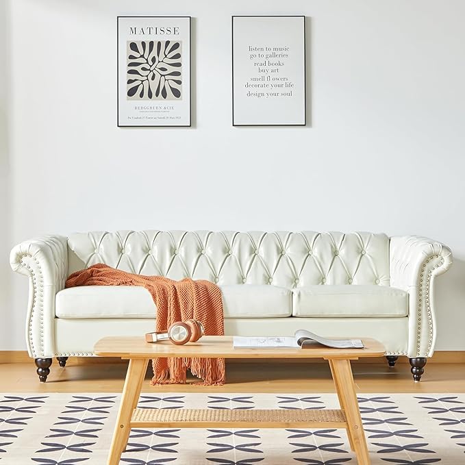 Mid-Century 3 Seater Sofa, Faux Leather Couch