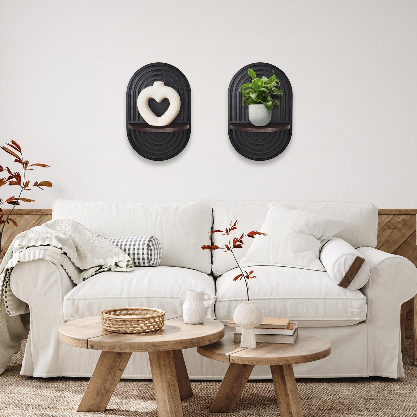 ZELURA 2 Pieces Boho Wall Shelf, Mid Century Shelves, Decorative Storage Unit, Black Plant Shelves, Wall Plant Holder,Floating Shelves