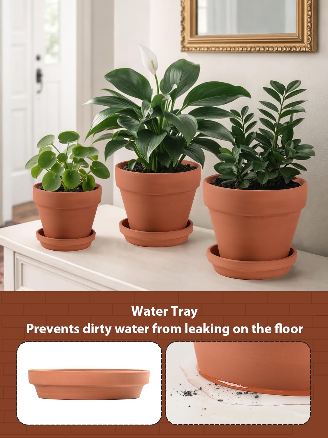 INGOFIN Terracotta Pots Set with Saucer - 5/6/7 inch Ceramic Clay Planters with Drainage Hole, Garden Flower Succulent Pots with Tray for Indoor Outdoor Plants, Set of 3