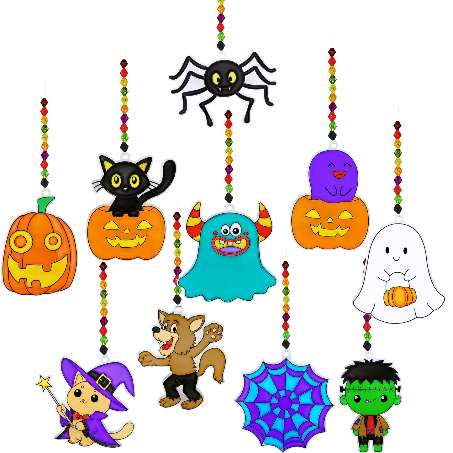 Winlyn 30 Sets Halloween Suncatchers Ornaments Decorations DIY Window Paint Art Suncatchers Halloween Craft Kits Jack-O'-Lantern Ghost Spider Sun Catchers for Kids Classroom Activities Art Project