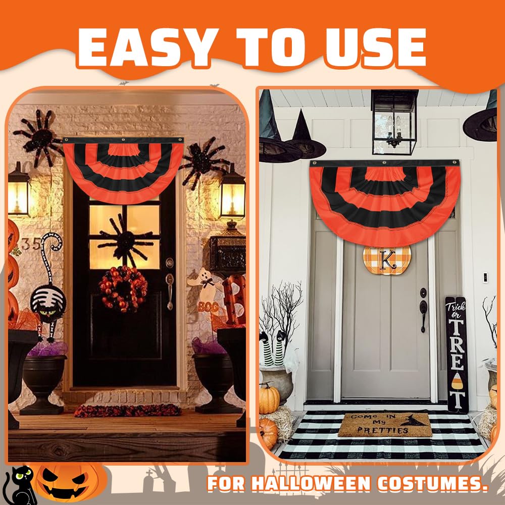 LinaGarten Halloween Bunting Flag 2 x 4 ft Fully Sewn Orange & Black 5 Stripe with 3 Grommets Pleated Half Fan Flag Bunting Banner Trick or Treat Halloween Decor Outside Porch Garden Outdoor Yard Indoor Home