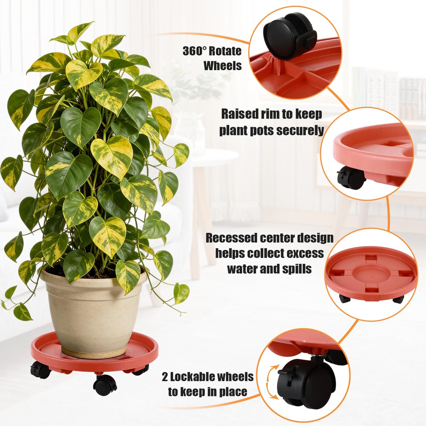 5-pack 11.8" Large Plant Caddy with Wheels Plastic Plant Dolly with Caster Flower Pot Mover Rollers Wheeled Rolling Plant Stands Round Plant Saucer Indoor Outdoor Base Coasters,Terracotta red