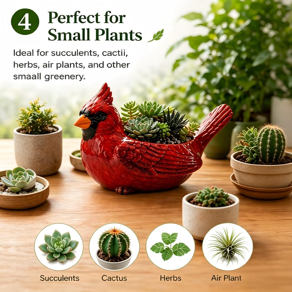 Cardinal Bird Succulent Planter, Red Resin Decorative Flower Pot with Drainage Hole, Cute Bird Plant Pot for Indoor Outdoor Plants, Animal Planter for Desk, Garden, Windowsill, Home Decor Gift (Red)