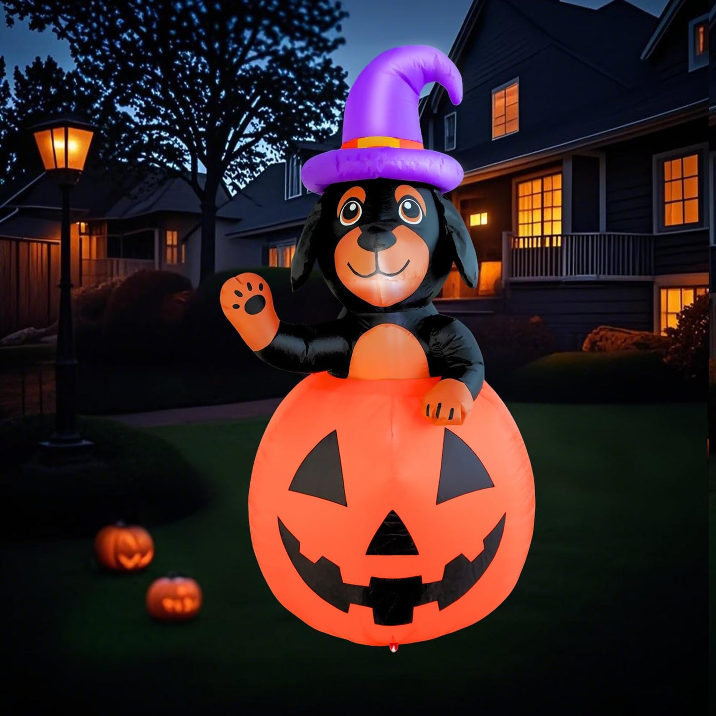 PTS 5FT Inflatable Dachshund Dog with Pumpkin Outdoor Decoration, Halloween Blow Up Yard Decorations, Built-in LED Lights Inflatables Spooky Holiday Funny Decor for Indoor Lawn Garden
