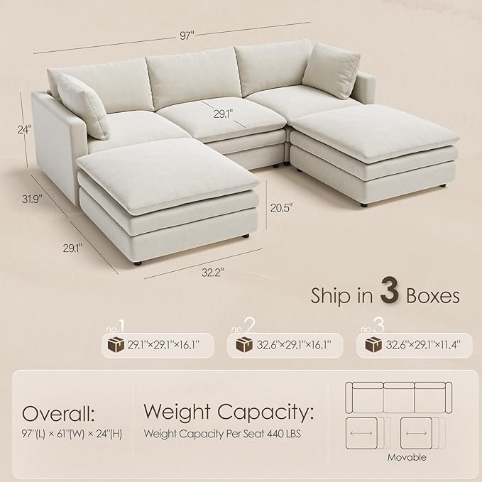 97" Cloud Couches for Living Room, 29.1" Deep Seat Modular Sectional Sofa