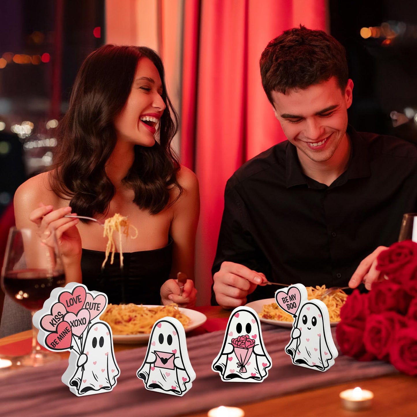 Novabright 4 Pcs Valentines Day Ghost Table Decorations Wooden Pink Heart Horror Valentines Decor Cute Ghost Boo Tiered Tray Decor Wood Centerpieces Signs Tabletop for Home Office Party Love Gifts