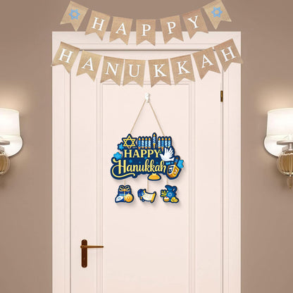 Aurlan Happy Hanukkah Door Sign,Hanukkah Wooden Wall Hanging,Jewish New Year Door Decor,Chanukah Wood Hanging,Chanukah Candlestick Wall Sign,Candle Pigeon Sufganiyot Decor for Porch Yard Home Room Office