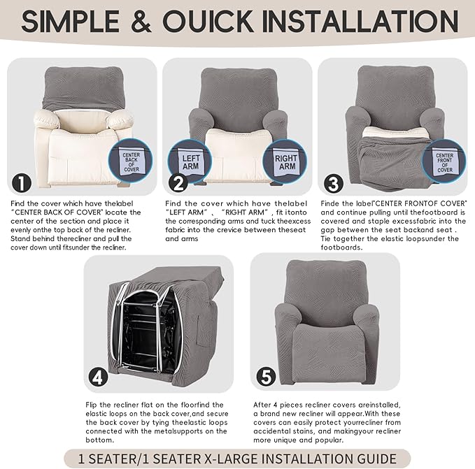Recliner Chair Covers, 4-Piece Stretch Geometric Strokes Jacquard Reclining