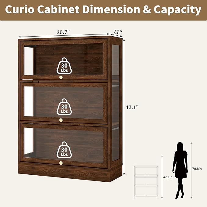 Display Cabinet with Acrylic Glass Doors, 3-Tiers Curio Cabinet with LED