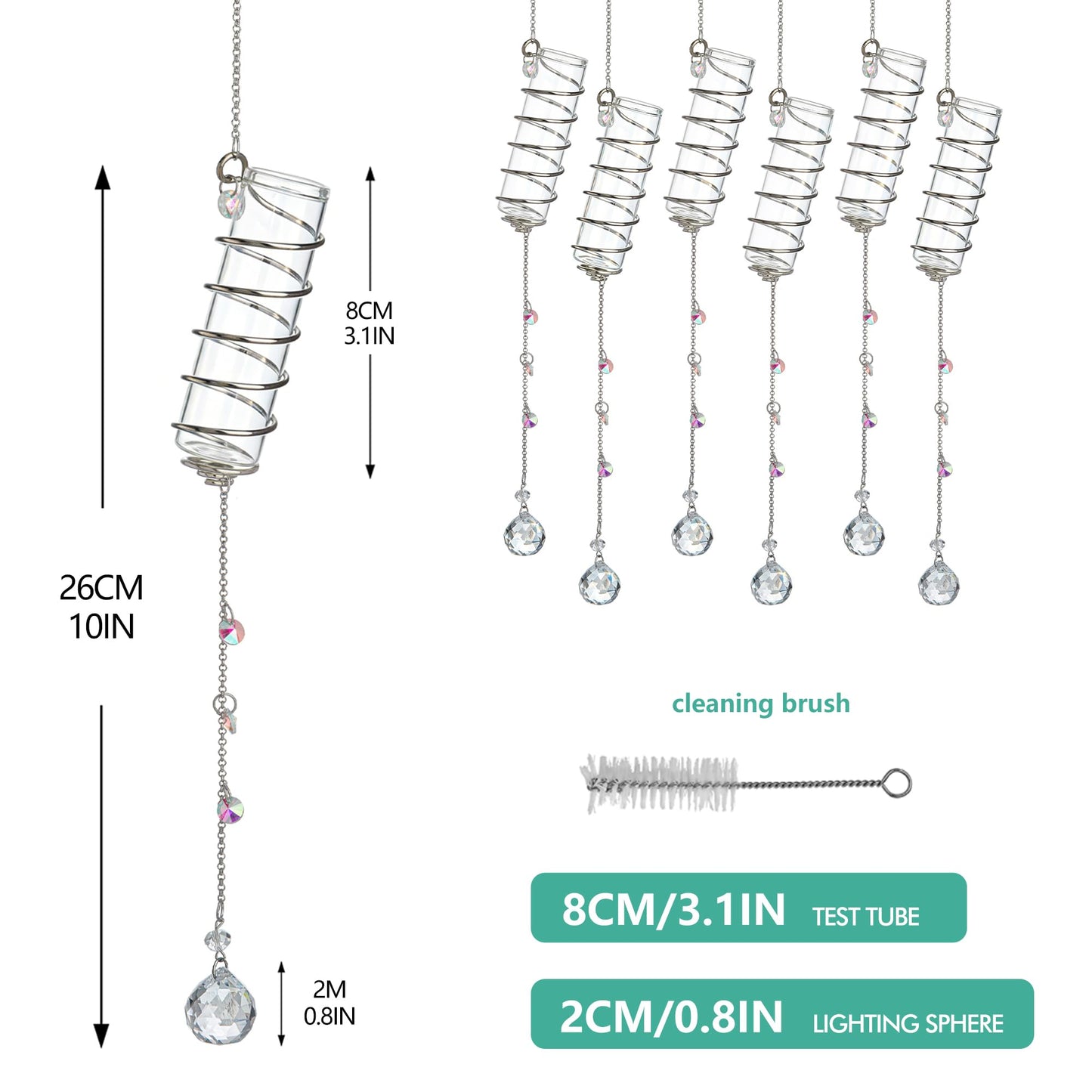 H&D HYALINE & DORA 6 Pcs Hanging Plant Propagation Station with Crystal Ball Prisms Suncatcher and Cleaning Brush, Glass Plant Suncatcher for Indoor Wall Plants Gifts for Plants Lovers(Silver)