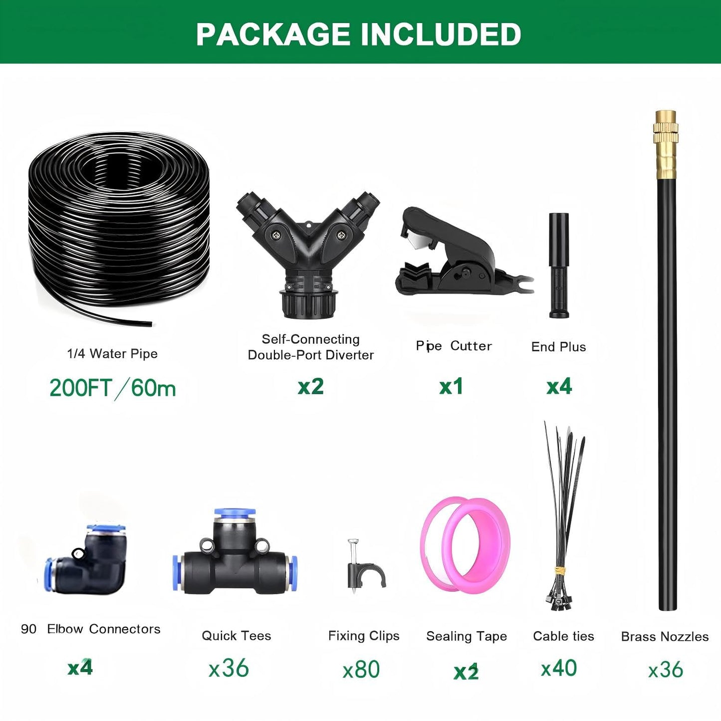Drip Irrigation System with Brass Nozzles – 2026 Upgrade 200FT Garden Watering Kit with 36Pcs 360° Adjustable Misting Sprinklers Quick Connect Fittings for Raised Beds, Lawn, Patio