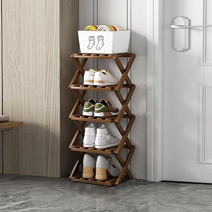 Foldable Shoe Rack, Bamboo Vertical Shoe Organizer Tall
