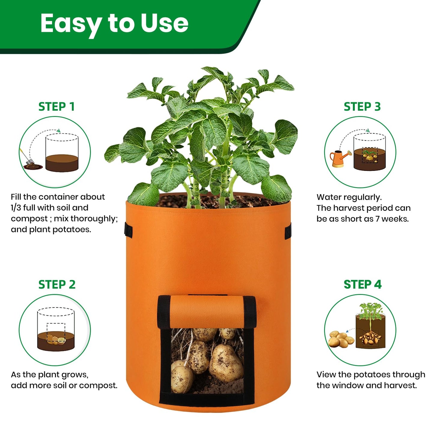 6 Pack Potato Grow Bags, 10 Gallon Planting Bags Large Fabric Pots with Flap Window Vegetable Planter Garden Pot Tall Potato Growing Containers with Handles for Vegetables, Fruits and More, Orange