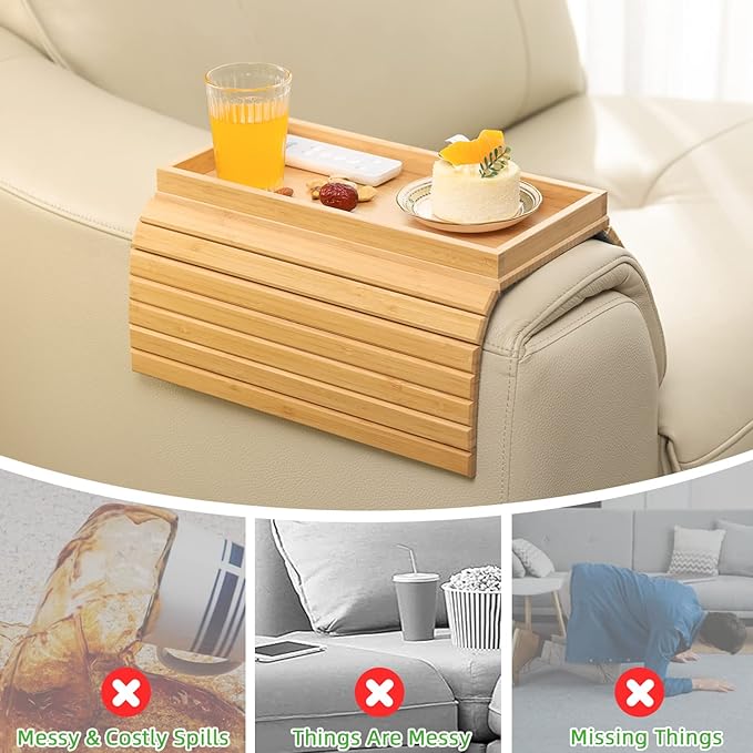 GEHE Bamboo Sofa Arm Tray, Foldable Couch Arm Tray Side Table, Anti-Falling