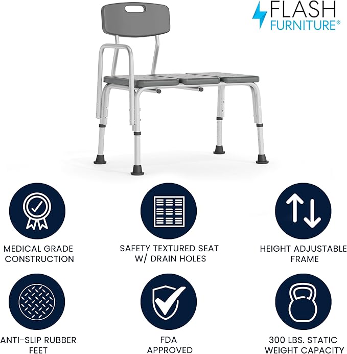 Flash Furniture HERCULES Series 300 Lb. Capacity Adjustable Gray Bath & Shower